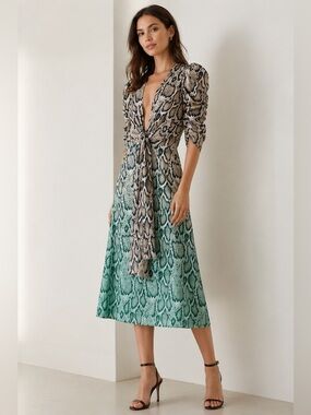 AFRM Ellis Snake Print Dip Dye Midi Dress Puffed Sleeves Animal print Sz XS